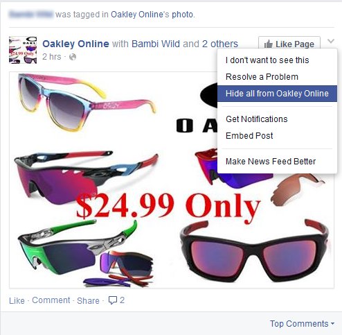 facebook sunglasses spam